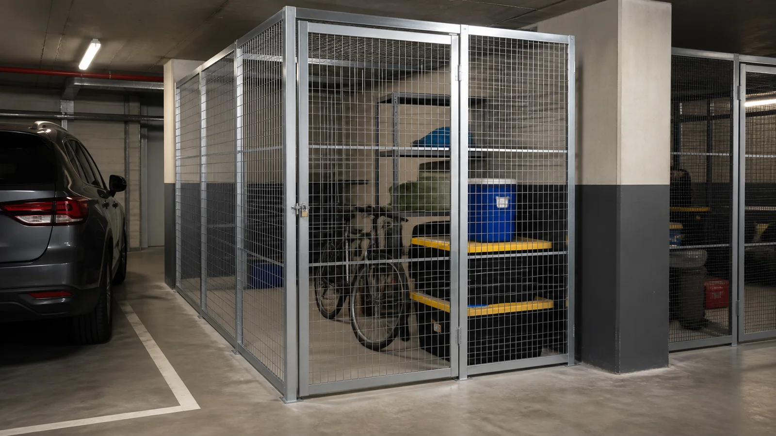 Garage storage cage fitted beside a Brisbane car bay