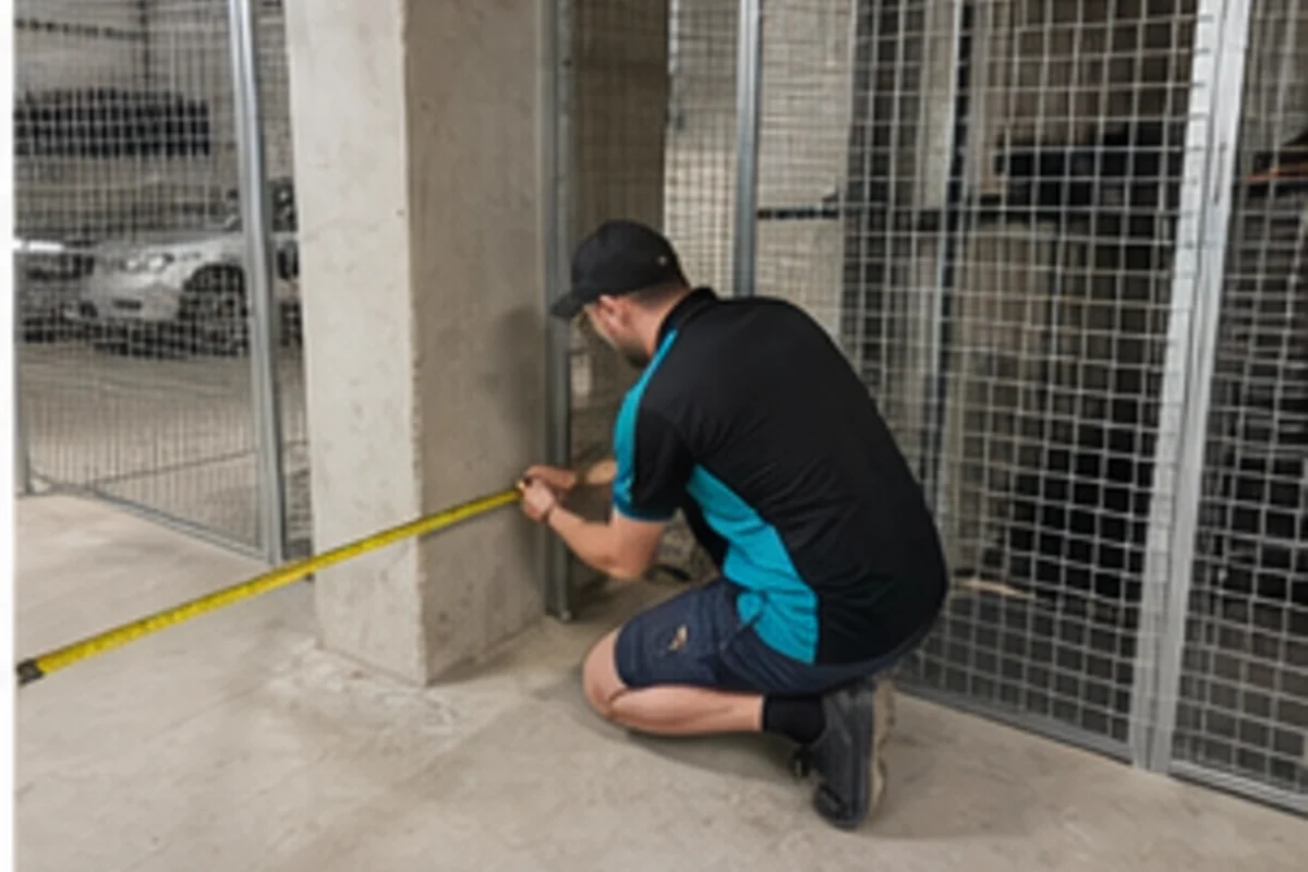 Body corporate manager reviewing storage cage rows in Brisbane