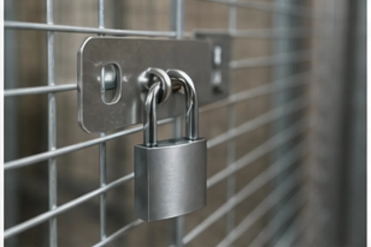 Storage cage repair tools beside a damaged mesh cage door